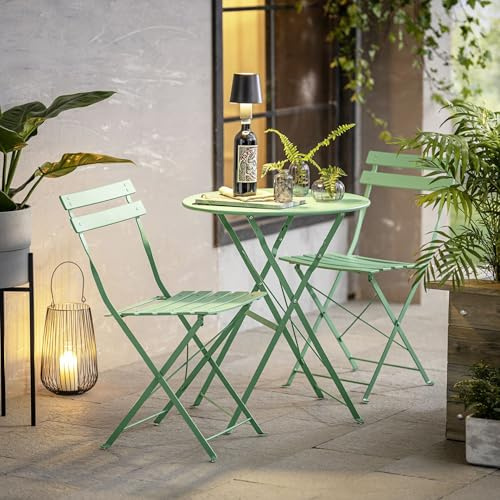 Dekoleidenschaft 3 TLG. Bistroset Green aus Metall in grün, Outdoor Gartenmöbel-Set, Bistrotisch mit 2 Stühlen, Balkonmöbel klappbar, Terrassenmöbel wetterfest