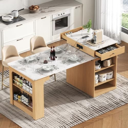 Bladez Isla de cocina extraíble con mesa de comedor extensible, mesa de bar con espacio de almacenamiento y regleta, mesa de comedor multifuncional o mesa de bar, como aparador para cocina y comedor