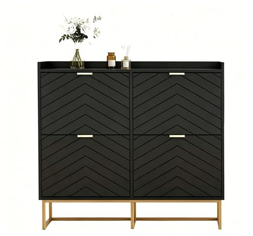 UEV Schuhschrank schmal mit 4 Klappen, 100x24x103,5cm Schuhregal (Schwarz) | Schuhkommode Geschlossen mit verstellbaren Trennwände & Kippschutz, Schuhkipper Shoe Cabinet für Flur Eingang Diele Garderobe
