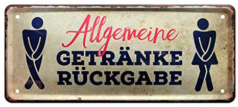 Blechschild Getränkerückgabe - Toilettenschild Gästetoilette Hinweisschild Schild Toilette WC Klo Restaurant Bar Club Disco Hotel Pension - Türschild mit Piktogramm - inkl. Befestigungs-Set - 28x12cm