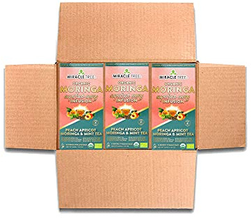 Miracle Tree Organic Moringa Energy Tea, Peach Mint Apricot, 3 x 16 Bags