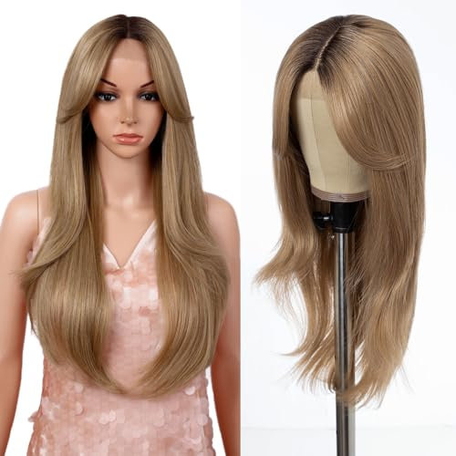 Style Icon Perücke Lace Front Wigs 26 Inches Layered Wigs with Bangs Door Curtain Style Super Long Wigs Synthetic Wig 5 inches Middle Part Wig (26 Inch, RT6/23C)