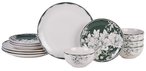 222 Fifth Brittany 12-teiliges Salbei-Porzellan-Geschirr-Set – Service für 4 Personen, inklusive Speiseteller, Salatteller und Schüsseln, bleifrei, florales Design, für tägliches Essen und