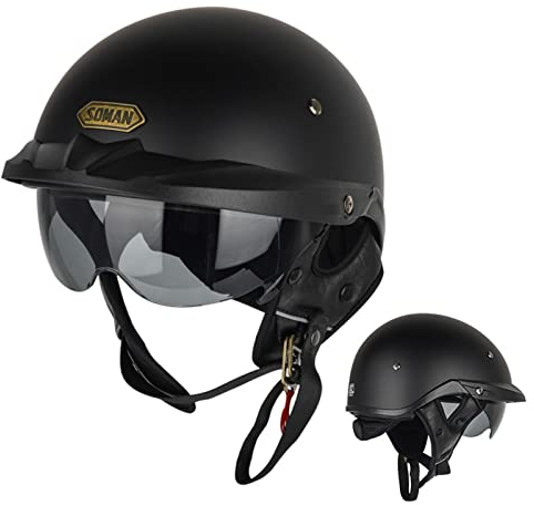 Retro Motorrad Helm ECE Zulassungiber Brain-Cap Halbschale Jet-Helm Roller-Helm Für Damen Herren Mit Built-In Visier Scooter Offenem Helm Sturzhelme 2,3XL
