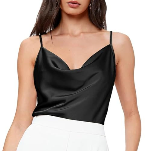 RPAEOY Camiseta Tirantes Mujer Satén Sin Mangas Sexy Cuello V Ajustable Tirantes Tank Top Casual Suelta Suave Verano Camisetas Lencera De Fiesta del Club Negro XL