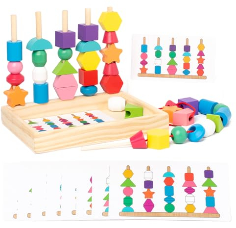 KidMigo 3-in-1 Fädelspiel ab 3 Jahre, Motorikspielzeug 3 Jahre mit Ablagefach und Karten, Holz Sortier und Stapelspielzeug, Montessori Spielzeug ab 3 4 5 Jahre