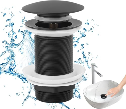Xinlon Bonde de Lavabo Noir sans Trop Plein, Bonde de Lavabo sans Trop Plein Universelle Normes-G 1 ¼ avec Joint Bonde Lavabo pour Vasque a Poser, pour Cuisines, Bain, Lavabo, Évier
