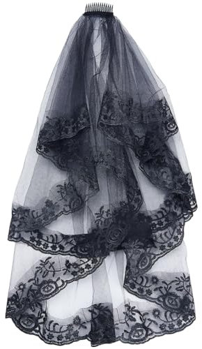 GORGECRAFT 750mm Hochzeits-Kathedralenschleier Langer Brautschleier Aus Mesh-Tüll Schwarz Bestickter Rand Einfacher Hochzeitsschleier Mit Kamm Halloween-Kopfbedeckung Brautschleier Taillenlänge