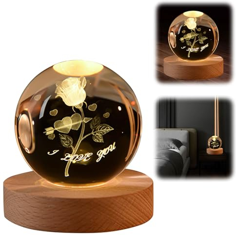 Kristallkugel Blume, 8cm Blumen Kristallkugel Nachtlicht Glaskugel mit Holzsockel Kristallkugel Lampe mit Rose Blumen Nachtlampe Nachtlampe Glaskugel, Geschenke für Frauen, Mama, Kinder, Freundin