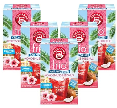Teekanne frio Kokosnuss-Hibiskus, 18 Teebeutel - 5er Pack (5 x 18 Teebeutel) | Pink Drink Style | Limited Edition | Ohne Zucker | Ohne Kalorien | Alternative zu zuckerhaltigen Getränken