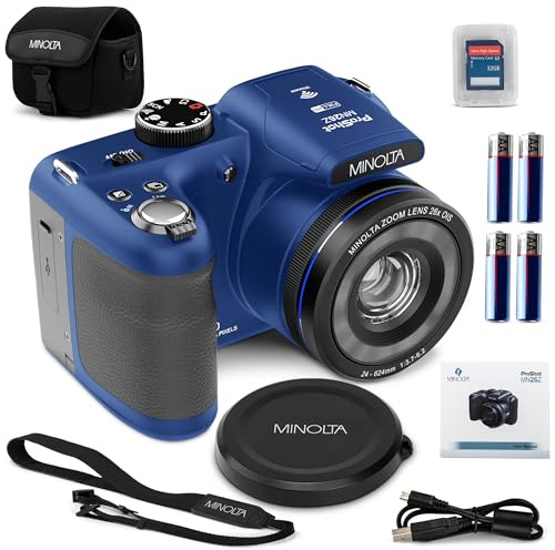 Minolta Appareil Photo numérique 20 Méga Pixels Zoom Optique 26x avec Vidéo FHD 1080p Bleu