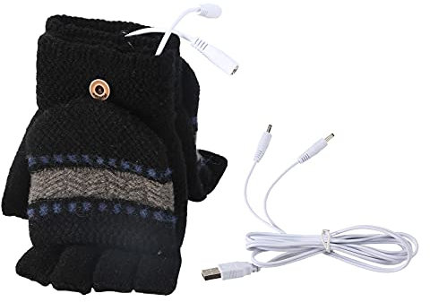 USB Heated Gloves for Women Men, Double-sided Heated Fingerless Gloves Heating Knitting Hands Warmer for Indoor Outdoor Hiking Driving Cycling Running Laptop Gaming Typing (Black, M)