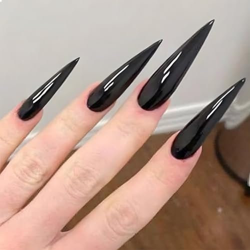GlamRays 24 Pieces Solid Colour Press on Nails Black Stiletto Long Shiny Gift for Women and Girls