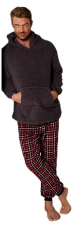 OHS Pyjama Set Mens Teddy Fleece Hoodie and Checkered Full Length Bottom Pyjamas for Men Pullover Pjs Set of 2 Soft Warm Winter Nightwear Sleepwear Loungewear, Burgundy