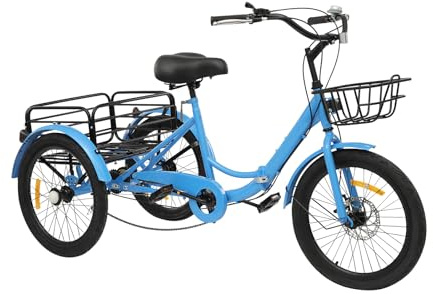 20-Zoll-Faltbares Dreirad-Fahrrad für Erwachsene 7-Gang-Dreirad mit Einkaufskorb und Schloss Güterführendes dreirad mit Höhenverstellbarer Lastenfahrrad für Einkaufen, Fahren und Fitness, Blau