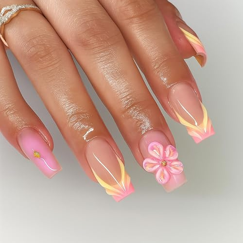 Handcrafted 3D Floral Press on Nails Short Almond French Tip - 24PCS False Nails with Flower Design Autumn Wearable for Women Almond Tips Acrylic Square Stiletto Petite Print
