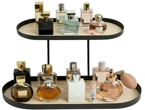 Organizador Perfumes 2 Niveles, Organizador Maquillaje en Metal y Cuero PU | Moderno y Elegante, Bandeja para Perfumes, Estanteria para Perfumes para Guardar Cosméticos, Skincare, para Baño Tocador