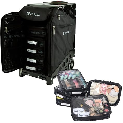 ZUCA Reisekoffer für Künstler und Profis, Make-up-Koffer mit 5 Vinyl-Taschen, Reiseabdeckung, 104 cm Teleskopgriff, Rollen und stabilem Aluminiumrahmen für Make-up-Künstler und Kreative, Schwarz mit