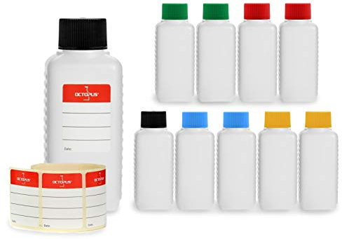 Bouteilles en plastique Octopus 10x 100 ml, bouteilles en plastique PE-HD avec bouchon à vis de couleur vive, bouteilles vides avec bouchons à vis colorés, bouteilles carrées, étiquettes incluses