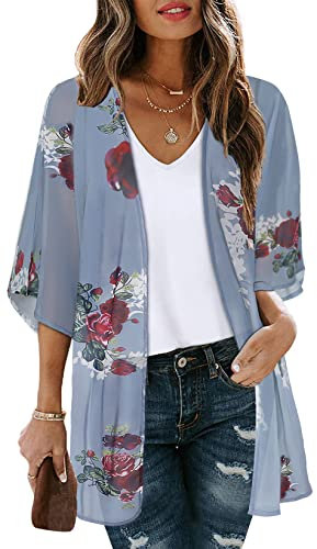 Camicetta da donna con stampa floreale a maniche corte, scialle chiffon, kimono, cardigan, camicetta casual, Viola Grigio, Small