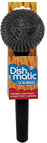 Dishmatic Scrubbee Washing-Up Stainless Steel Scourer for BBQ, Grill, Oven – Kitchen Washing-Up Handle with Easy-Grip Handle