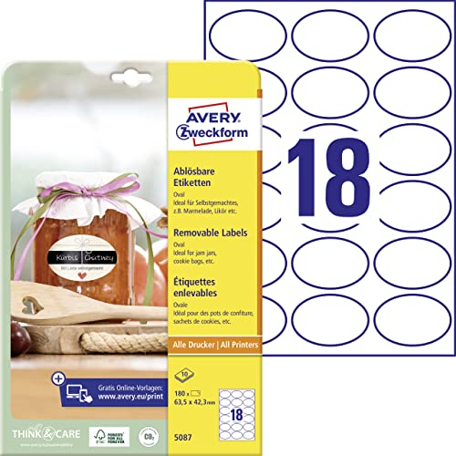 AVERY Zweckform 180 Flaschenetiketten selbstklebend (63, 5x42, 3 mm, Oval, Aufkleber Ideal für Einmachgläser, Gewürzgläser, Likörflaschen, Selbstgemachtes aus Der Küche, Art. 5087) 10 Blatt Weiß