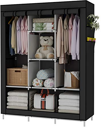UDEAR Tragbarer Kleiderschrank, Kleiderschrank, Vliesstoffbezug, mit 6 Ablagen, 2 Aufhängefächern und 4 Seitentaschen, schwarz