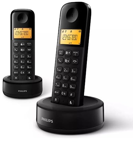 Philips D1602B - 2 Téléphones Fixes sans Fil Duo, Écran 4,1 cm, Retour d'Informations, Mains Libres, Identification de l'Appelant, Plug & Play, Eco+ - Noir (Compatible : ES, IT, FR)