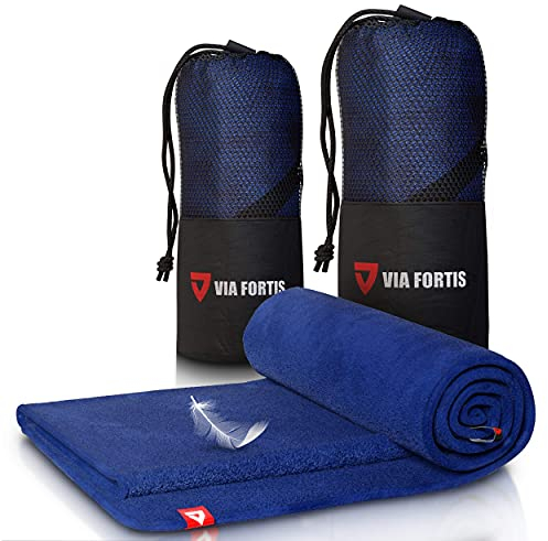 VIA FORTIS Mikrofaser Handtuch - Ultra leicht & schnelltrocknend - mit Reißverschluss-Fach - Microfaser Handtücher - Ideal als Sporthandtuch, Strandhandtuch und Reisehandtuch Blau