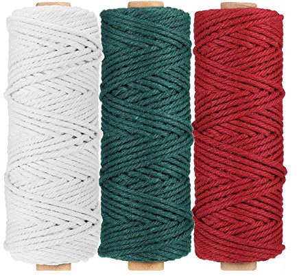 RENSHENKTO Cuerda de algodón de macramé con cintas de madera de madera, rojo, verde, blanco, 3 rollos, rojo, verde y blanco