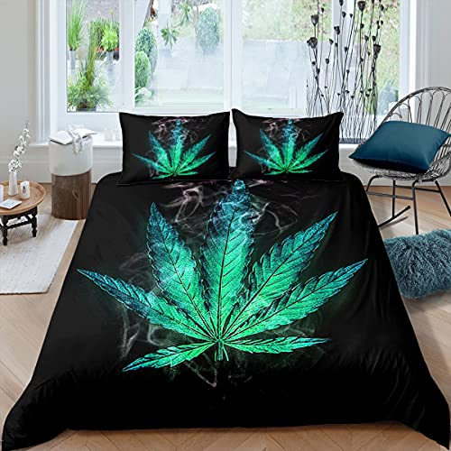 Loussiesd Marihuana Blatt Bettbezug Set Galaxis Cannabis Blätter Bettwäsche Set 135x200cm für Kinder Jungen Mädchen Marihuana Gras Hanf Betten Set Botanisch mit 1 Kissenbezug 2St Blaugrün