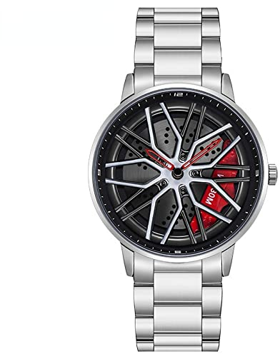 RWXCOW Auto Rad Felgen Nabenuhr - Hohl wasserdicht Sport Uhr für Herren Geschenke Armbanduhren, wasserdichte Edelstahl Armbanduhr, wasserdichte Edelstahl Armbanduhr.Stahlband(Silber-)