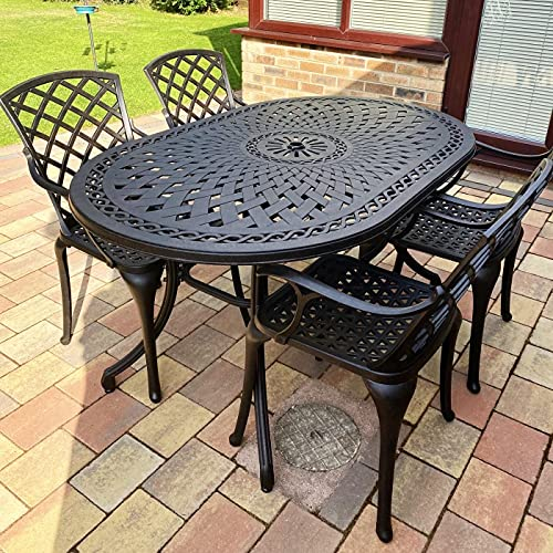 Lazy Susan - June 150 x 95 cm Ovaler Gartentisch mit 4 Stühlen - Gartenmöbel Set aus Metall, Antik Bronze (Emma Stühle, Beige Kissen)