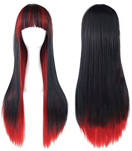 IMISSU Lockiges Naturhaar Lange Cosplay Perücke mit Pony Halloween Haarteil Kostüm Perücken (Schwarz Rot)