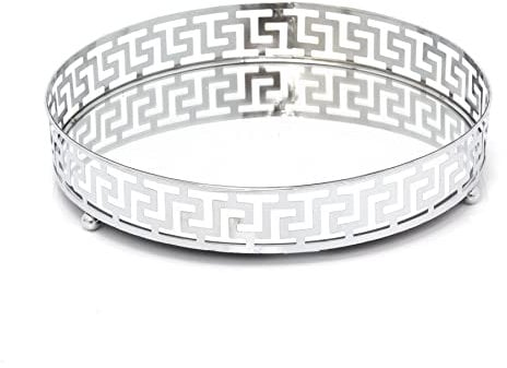 25cm Mirror Glass Candle Plate Stand | Silver Metal Round Mirror Glass Display Candle Plate | Mirrored Candle Tray Vanity Perfume Tray