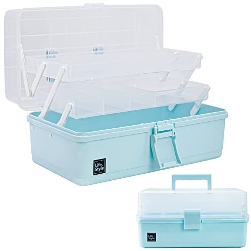 Creahaus 13 Multipurpose Storage Box with Compartments, Craft & Sewing Box with 2 Trays (Blue)