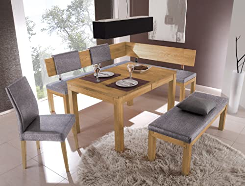 expendio Tischgruppe Ausziehtisch Grover XL 150(250) x90 cm Eiche Natur + 2X Bank Calla + 1x Stuhl Cordia Bezug Loco Shark Skin, kurzer Schenkel bei Eckbank:rechts