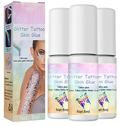 Hautkleber für Glitzertattoos - 8ml Glitter Glue Pinselflasche, Wasserlöslich Glittertattoo-Kleber, Ideal für Halloween, Karneval, Motto-Party, Kostüm-Events & Make-up Artists (3PCS)