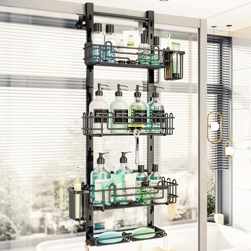 HapiRm Duschablage zum Hängen Dusch Hängeregal - Verstellbare 4 Etagen Duschregal zum Hängen über der Tür, Duschregal Hängend mit 22 Haken & 2 Zahnbürstenhaltern, Duschkorb für Shampoo, Conditioner
