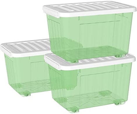 Cetomo 55L*3 Storage Boxes with Wheels, Plastic Storage Box with Lid, Latching Buckles, Click Closure, Stackable, Nesting, Durable Organizer for Home Office Clothes, Clear Green, 55L-3 Pack