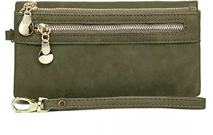 Aslana Weiches Kunstleder, langes Geldbörsen-Armband Geldbeutel mit Handschlaufe, Clutch-Tasche für Damen, multifunktional, Kartenhalter, Handytasche, #06 Olivgrün, Long, Modern