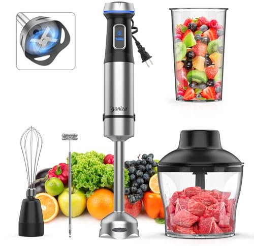 Ganiza Mixeur plongeant 5 en 1, moteur haute résistance maximum de 1000 W, mixeur plongeant à 16 vitesses, lame en acier inoxydable avec bol de mélange de 800 ml, hachoir de 600 ml, fouet