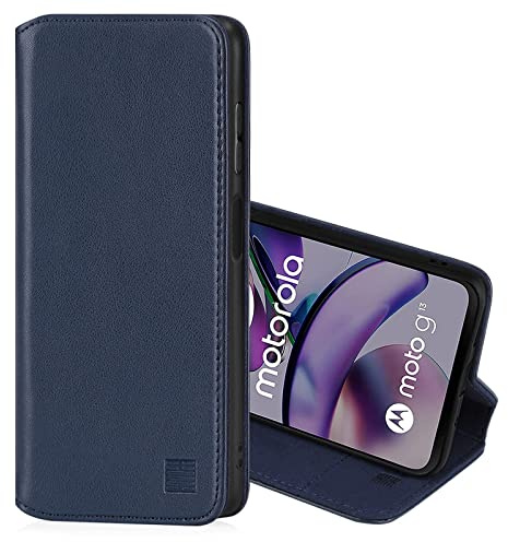 32nd Classic Series 2.0 - Real Leather Book Wallet Flip Case Cover For Motorola Moto G13 & G23, With RFID Blocking Card Slot, Magnetic Closure and Built In Stand - Navy Blue