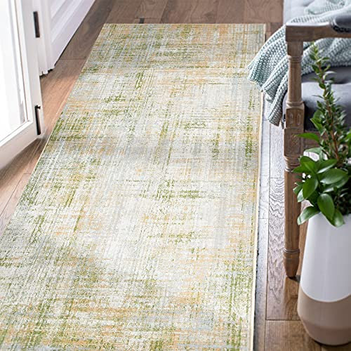 TOPICK 60x180cm Hallway Runner Rug Green Multi Washable Abstract Sketch Colorful Rug Non Slip Lightweight Carpet for Kitchen Dining Room Living Room Bedroom