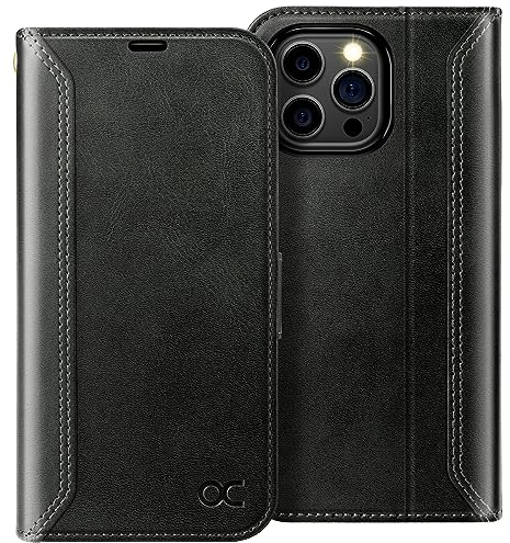 OCASE Retro Hülle für iPhone 15 Pro Handyhülle Tasche PU Leder Flip Cover Brieftasche Etui RFID Schutzhülle Klapphülle Lederhülle Kompatibel für iPhone 15 Pro Schwarz 6,1 Zoll