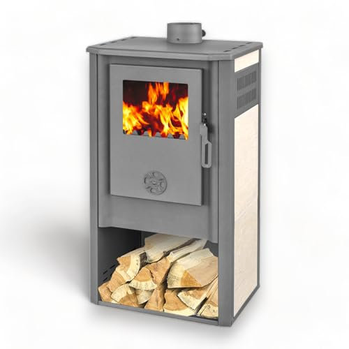Briconess.com Stufa Riscaldamento a Legna con Rivestimento in maioliche 7,2 kw - Beige