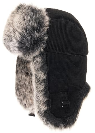 Futrzane Trappermütze aus Cord - Ushanka Damen - Winter Mütze mit Ohrenklappen (One Size, Schwarz - Grau Siberian)