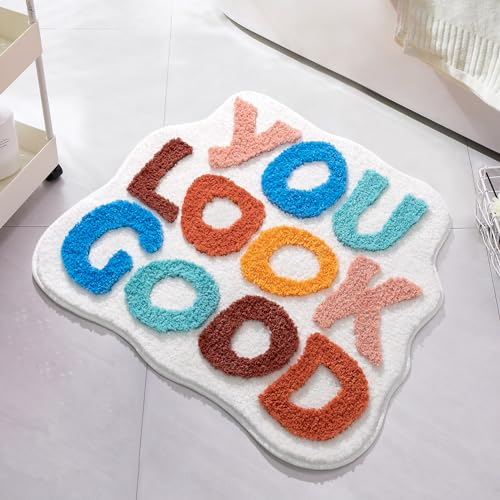 UNIBATH Badematte mit Aufschrift You Look Good, weiß, Badezimmerteppich, lustig, niedlich, Badezimmer-Dekoration, adretter, kleiner cooler Teppich, rutschfest, Mikrofaser, waschbar, saugfähig, 63,5