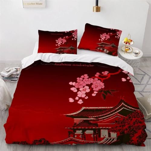 Bettwäsche 135x200 Roter Japanischer Stil 3D Muster Japanische Kirschblüten Bettwäsche-Sets 3 Teilig Weiche Microfaser Bettbezug Set mit Reißverschluss und 2 Kissenbezug 80x80 cm X431