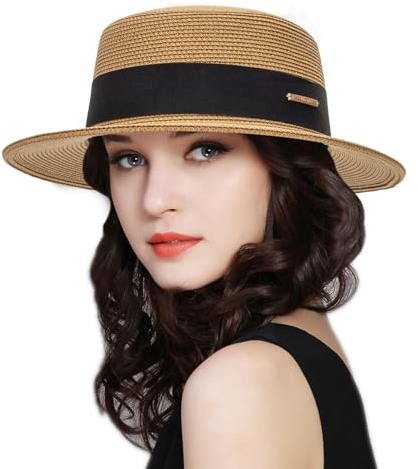 Women Straw Sun Hat Flat Top Boater Hat - Classic Panama Wide Brim Fedora Summer Beach Sun Hat